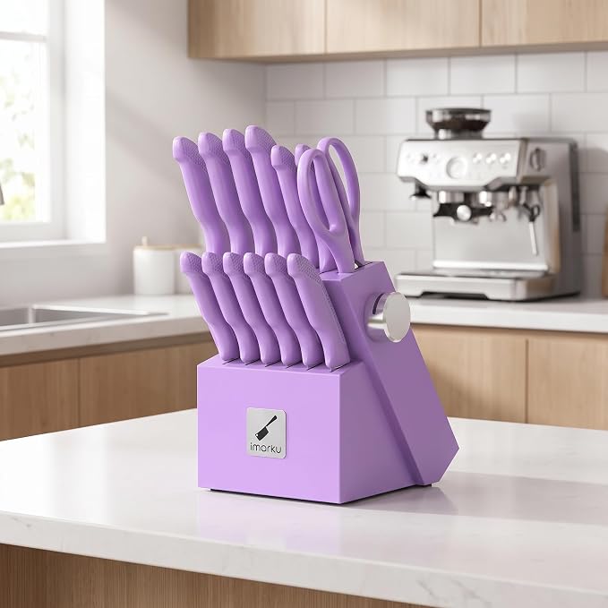 imarku 14-piece Japanese kitchen knife set, including knife block sharpener | High-carbon stainless steel, sharp, non-slip ergonomic handle, dishwasher safe, elegant gift packaging, lavender color