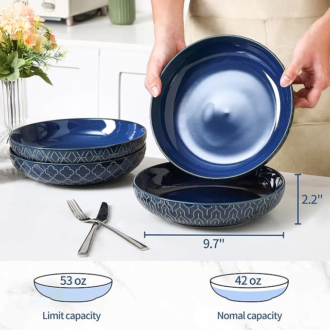 Sureasy 9.7" Pasta Bowls Set of 4-42 oz Large Salad Bowls for Kitchen, Embossed Ceramic Serving Bowls for Fruits, Soup, Pasta and Salad, Microwave & Dishwasher Safe, Blue