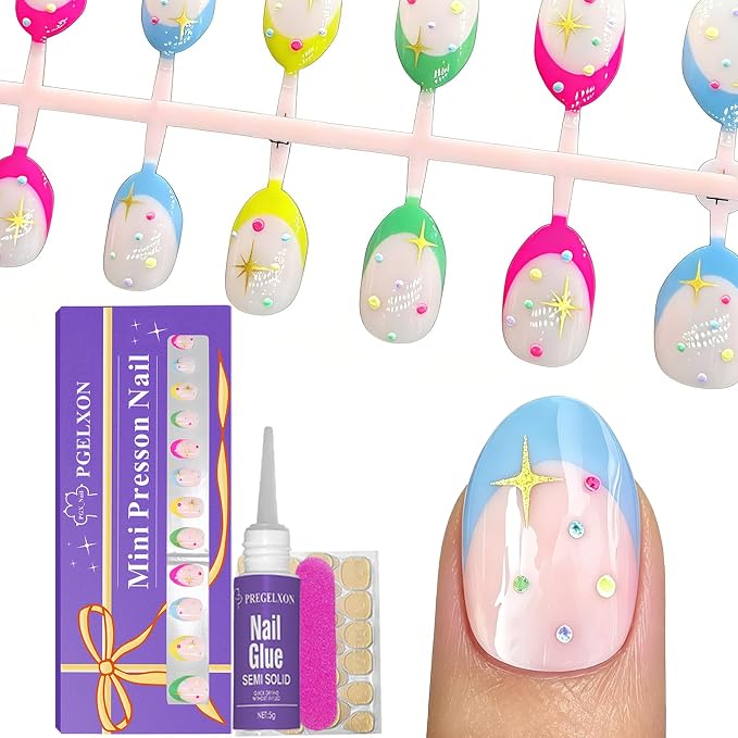24pcs Press on Nails for Kids, 3D Polka Dot Star for Teenager Girls 8-12 | Colorful Almond French Tip, 12 Size, Non-Toxic, Fashion Nail Kit with Adhesive Tabs, Nail File for Christmas, Birthday, Party