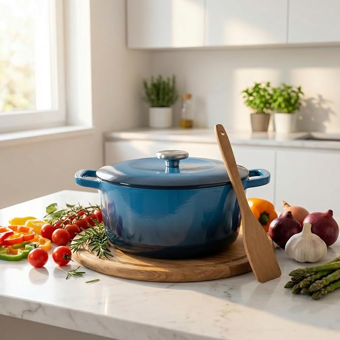 5QT Enameled Cast Iron Dutch Oven,Concave Self-Basting Lid,Blue | Versatile,heavy-duty Large Dutch oven,PFAS-free,oven safe to 500°F,sourdough,braising/stews/roasting,Housewarming Gift
