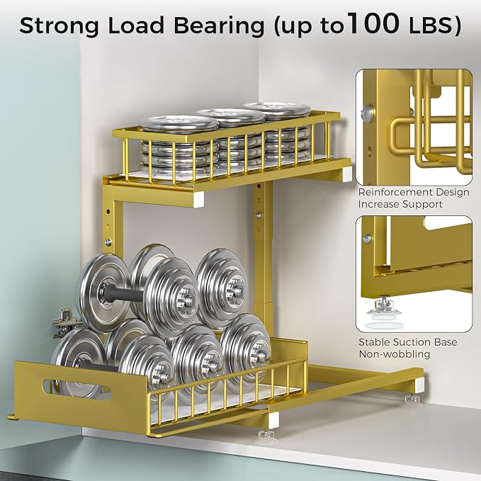 2-Pack L-Shaped Under Sink Organizer, 2-Tier Pull-out Cabinet Rack | Gold Height-Adjustable Metal Rack, Sliding Grid Drawers with Safety Stopper, Holds 100 Lbs, Ideal Kitchen Cabinet Storage