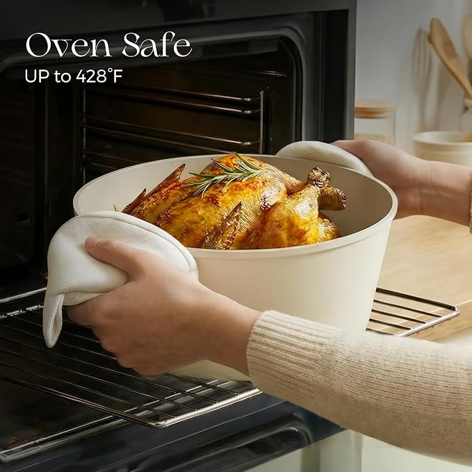 PRICUSIS Ceramic Nonstick Stock Pot with Silicone Rim Glass Lid, 4.5/7 QT Soup Pot Casserole, Cooking Pot, Induction Compatible, Dishwasher & Oven Safe, Ideal for Pasta, Bake & Stews, Coconut White