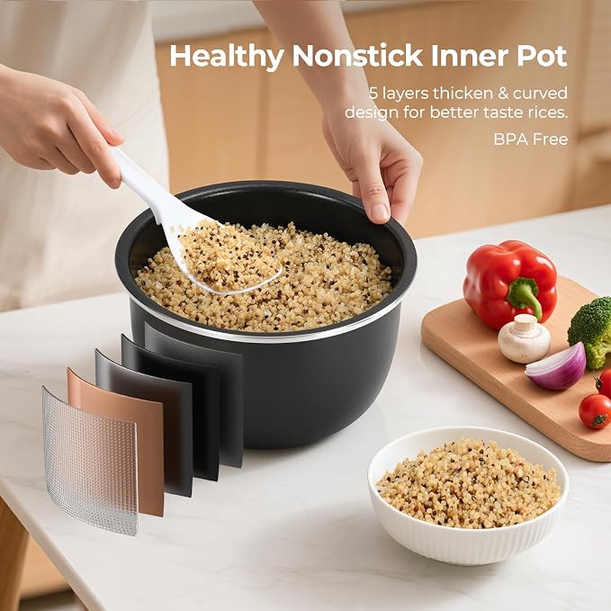 Narcissus Rice Cooker with Removable PFAS-Free Nonstick Pot, 3.5-Cup Capacity for 1-3 People, Multifunctional for Rice, Oatmeal, Quinoa, Slow Cook, Steam, Can Steam & Cook Simultaneously, Rice White