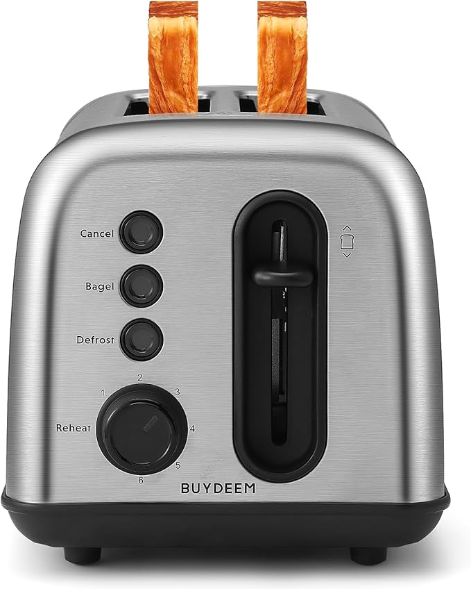 BUYDEEM DT420 2 Slice Toaster, Stainless Steel Toaster with Extra Wide Slots for Bagels, Muffins, High Lift Lever, 6 Shade Settings, Retro Sliver
