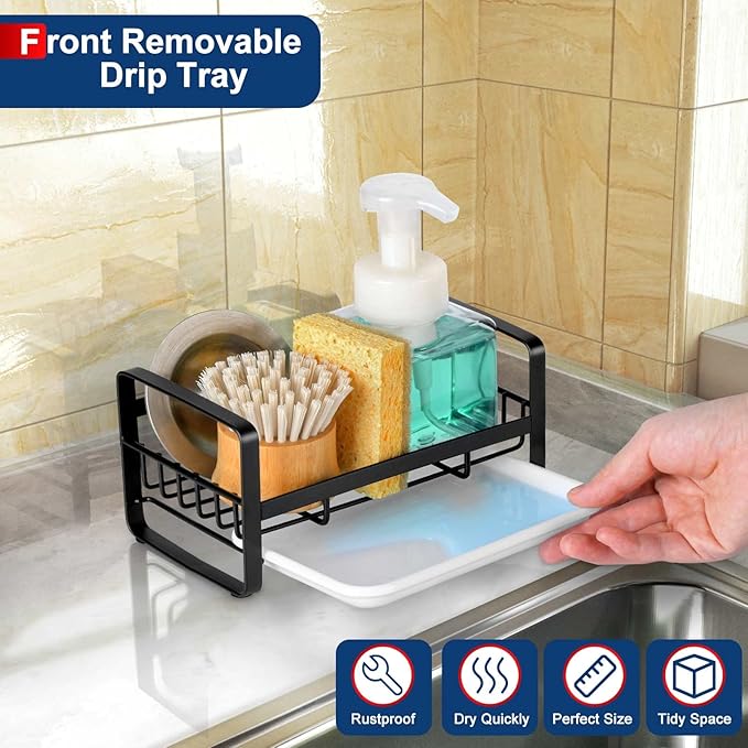 HULISEN Kitchen Sponge Holder, 304 Stainless Steel Sink Caddy, Black | Removable Drain Tray, Holds Sponges Soap Bottles Brushes, Countertop Storage, No Dispenser or Brush