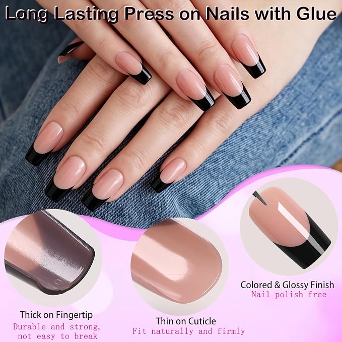 240pc Black French Tip Press on Nails Medium Square Acrylic Nail, Coffee Press ons Fake Nails with Glue & Tabs, 12 Sizes Glue on Nails Medium Press-on Nail Square Stick on Nail for Women Manicure