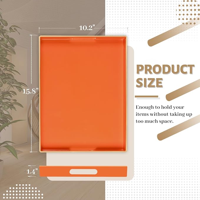 Orange Decorative Tray for Coffee Table, Serving Tray with Handles | Plastic Melamine Tray, Modern Ottoman Tray, Rectangular Countertop Organizer Tray for Living Room, 15.8"L x 10.2"W x 1.4"H