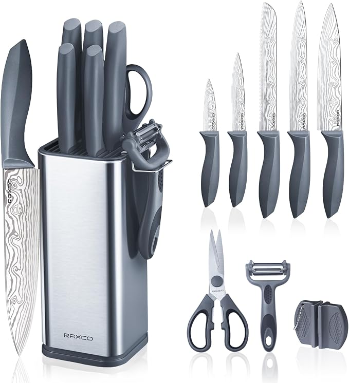 Kitchen Knife Set,10-Piece Stainless Steel Knife Set with Block,Gray | Pro-Sharpened Kitchen Knives,Space-saving Compact Organizer for Small Kitchen,RV,Apartment and Dorm