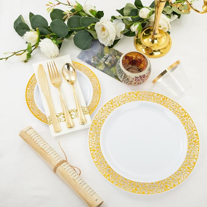 WELLIFE 350Pcs Gold Dinnerware Sets, Plates and Napkins Party Supplies Include:50 Dinner Plates, 50 Dessert Plates, 50 Paper Napkins, 50 Cups, 50 Gold Plastic Cutlery Set