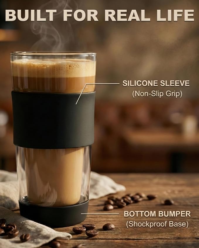 14oz Double Walled Glass Coffee Tumbler with Full Glass Lid | Silicone Sleeve, Non-Slip Insulated Travel Mug, Protective Bottom Bumper, 100% Plastic-Free