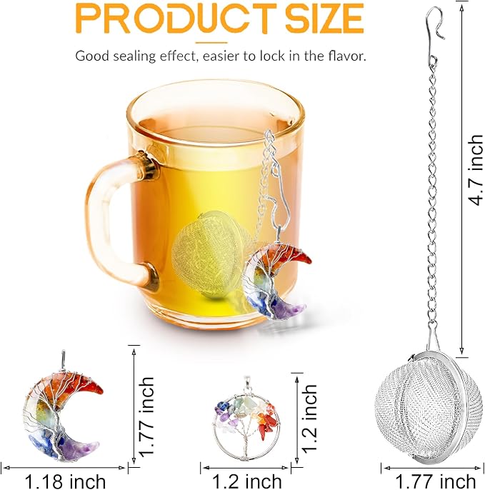 TeaSanavie 7 Chakra Healing Crystal Tea Infuser Set - Reiki Quartz Gemstone Wire Wrapped Crescent Moon & Tree of Life Pendants, Stainless Steel Loose Leaf Tea Steeper