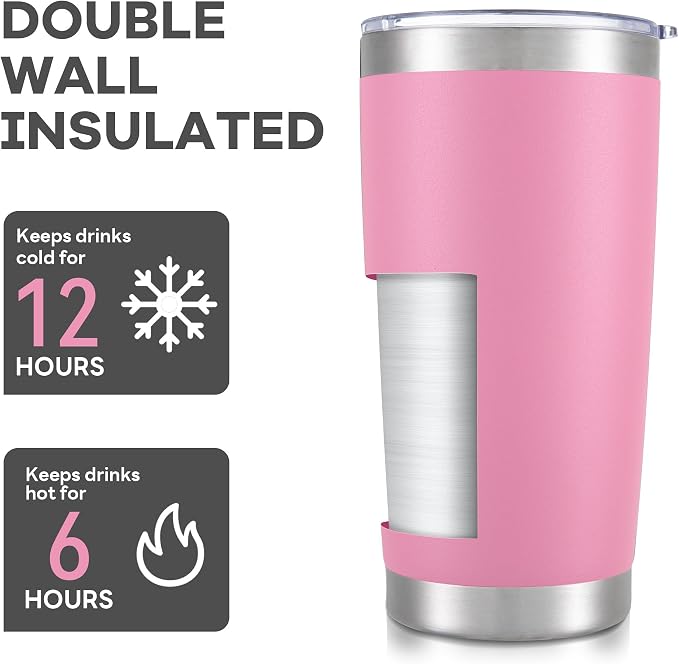 20 oz Tumbler with Lid Stainless Steel Insulated Tumblers Cups Travel Mug | Double Wall Vacuum, Powder Coated, Keep Drinks Cold and Hot, Waterproof Lid, Fit of Car Cup Holders, Pink