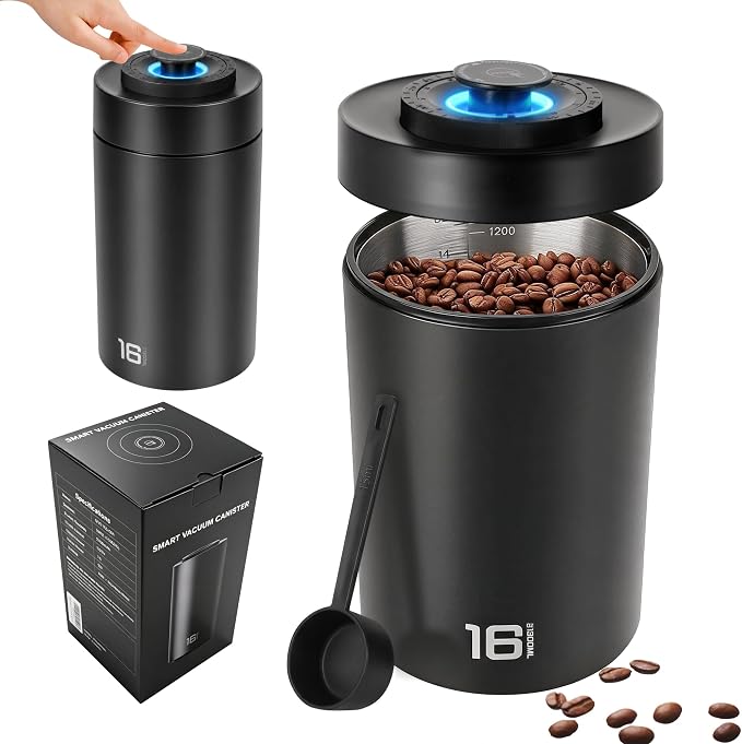 ROTTOGOON Auto Vacuum Coffee Canister, Rechargeable Airtight Coffee Container with 304 Stainless Steel Inner, Scoop, Sealed Coffee Bean Storage Container for Ground Coffee, Tea, Food, 16OZ/ 1.3L