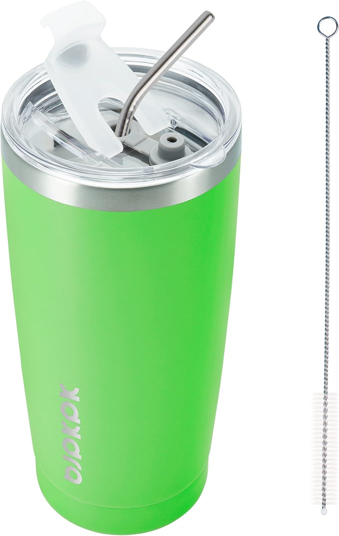BJPKPK 20oz Coffee Tumbler with Lid & Straw, Insulated Stainless Steel Mug | Double Wall Vacuum, Keeps Hot/Cold, BPA Free, Leak Proof, Iced Coffee Cup Fit Car Holder, Travel & Beach, Green