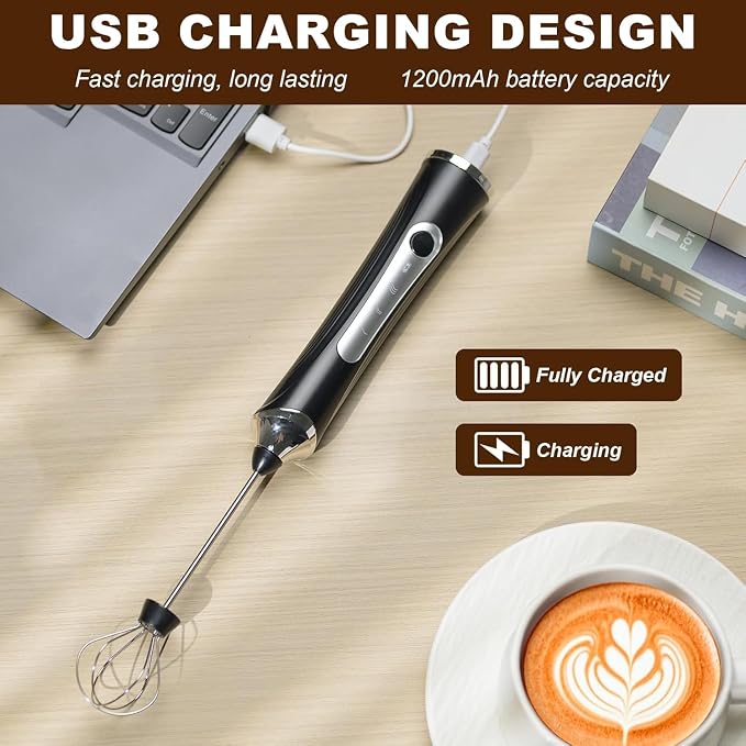 Handheld Electric Milk Frother with 2 Heads, Coffee Whisk Foam Mixer with USB Rechargeable 3 Speeds, Foam Maker Blender for Latte, Cappuccino, Hot Chocolate, Egg (Type 3)