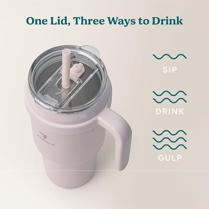 REDUCE Cold1 40 oz Tumbler with Handle - Vacuum Insulated Stainless Steel Water Bottle for Home, Office or Car, Reusable Mug with Straw or Leakproof Flip Lid, Keeps Drinks Cold All Day- Gloss Cotton