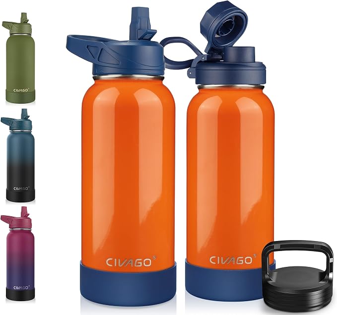 CIVAGO 32 oz Insulated Stainless Steel Water Bottle With Straw and 3 Lids | Large Metal Sports Water Jug, Leakproof Reusable Wide Mouth Thermal Flask Cup with Silicone Boot, BPA-Free, Deep Orange