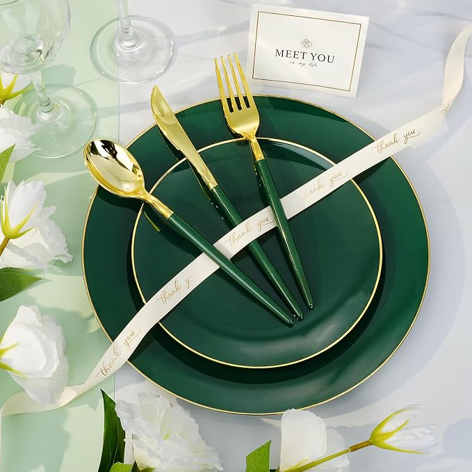 Bestluck 175PCS Green Plastic Dinnerware Set, Green Plastic Plates for 25 Guests, Include 50 Green Gold Plates with 75 Plastic Cutlery, 25 Napkins and 25 Cups