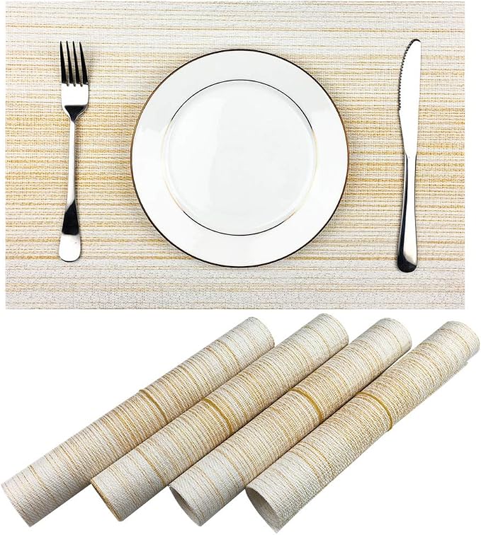 WAZAIGUR Placemats Set of 4, Woven Vinyl Table Placemats, Yellow with White | Placemat, Blending Color Durable Washable Place Mats Indoor Outdoor Heat-Resistant Anti-Skid Kitchen Dining Table Mats