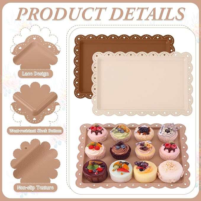 6 Pcs Brown Serving Trays Plastic Platters Dessert Cupcake Holder Party Supplies 14.4 x 9.3 Inches Rectangular Cookie Snack Display Tray for Wedding Restaurant