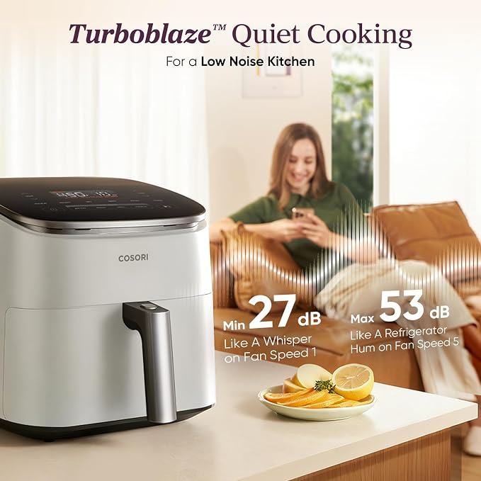 Cosori TurboBlaze 6 Qt Air Fryer, Ceramic Coating, 9-in-1, Light Gray | 90°-450°F, 5 Fan Speeds, Air Fry, Roast, Bake, Broil, Dry, Frozen, Proof, Reheat, Keep Warn, Dishwasher-Safe Basket, 1725W
