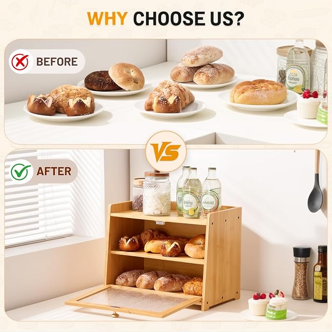 Bamboo Bread Box for Kitchen Countertop, 15.7x9.8x12.6 in, Wood Color | Double Layer Bread Box, Fluted Acrylic Doors, Farmhouse Bread Box for Homemade Bread, Loaves, Bagels, Muffins & Pastries