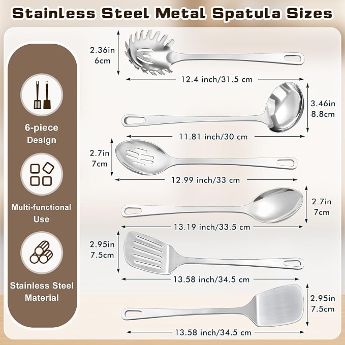9 Pcs Cooking Utensils Set, Stainless Steel Kitchen Utensils, Heat Resistant Metal Kitchen Tools Include Solid & Slotted Turner Wok Spatula, Serving Spoon, Ladle, Pasta Server, Meat Fork, Tongs Silver