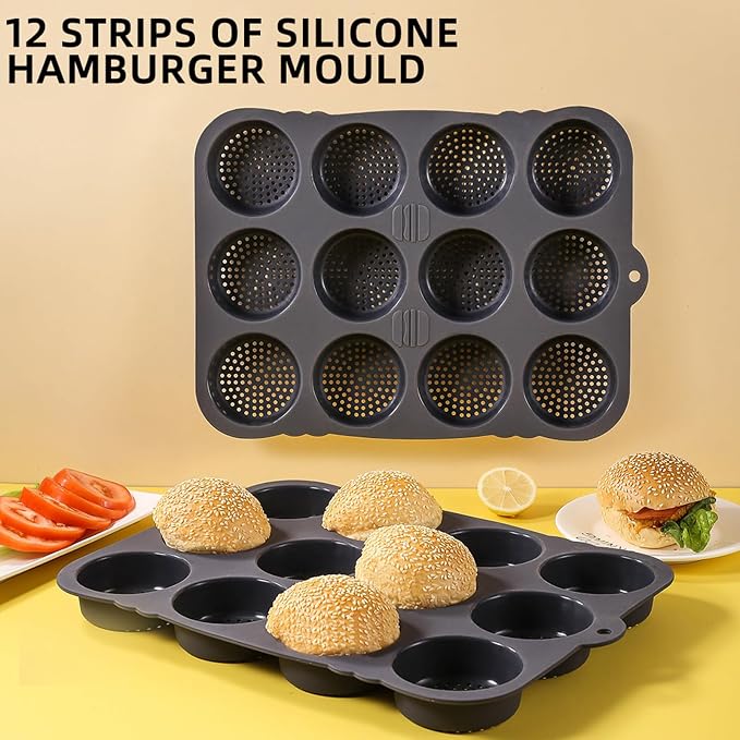 12-cavity Silicone Hamburger Bun Pan, Nonstick Loaf Pan & Heat Resistant Burger Bun Pans for Baking, Bread Pans for Homemade Bread, Bread pans for baking, Easy to Use Burger Pan