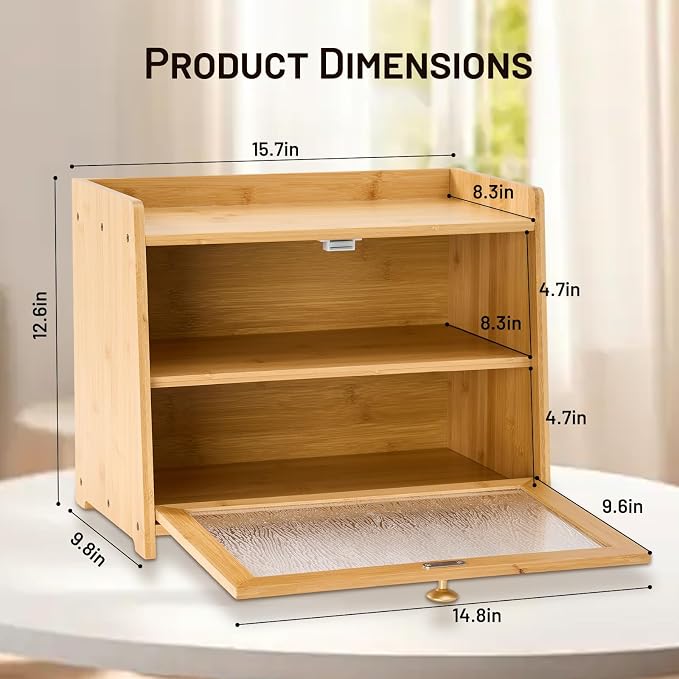 Bamboo Bread Box for Kitchen Countertop, 15.7x9.8x12.6 in, Wood Color | Double Layer Bread Box, Fluted Acrylic Doors, Farmhouse Bread Box for Homemade Bread, Loaves, Bagels, Muffins & Pastries