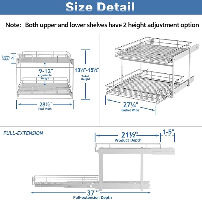 2 Tier Individual Pull Out Cabinet Organizer 28½" W x 21½" D, Heavy Duty Cabinet Pull Out Shelves, Slide Out Drawers Organization for Kitchen Cabinets Bathroom