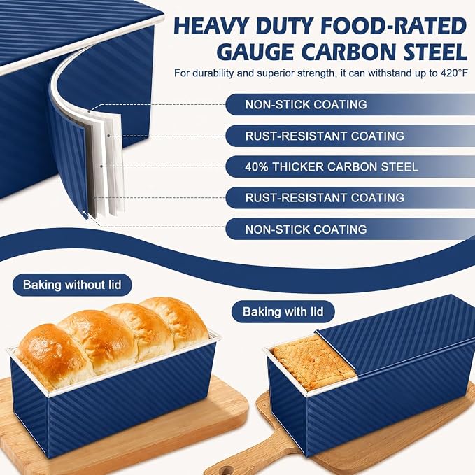 Bread Loaf Pan with Lid-2Pack, 2.2LB & 1LB | Food-Grade Nonstick Coating, Easy Release, Perfect Loaf Shape, Corrugated Design, Oven Safe up to 450°F