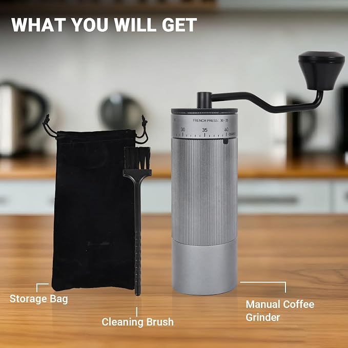 CEVING Mini Manual Coffee Grinder With 40 Adjustable Settings, Silver | Portable Hand Coffee Bean Mill with Stainless Steel Burrs, 30g Capacity, Ideal for Travel, Camping, French Press, Pour Over