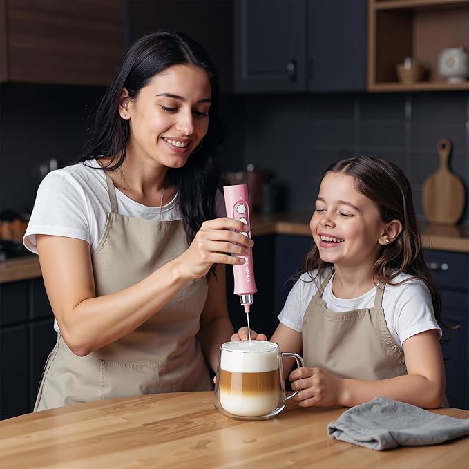 MF02 Rechargeable Milk Frother Handheld Foam Maker with Stainless Whisk for Cappuccino, Latte, Bulletproof Coffee, Keto Diet, Protein Powder, Matcha (Coral Pink)