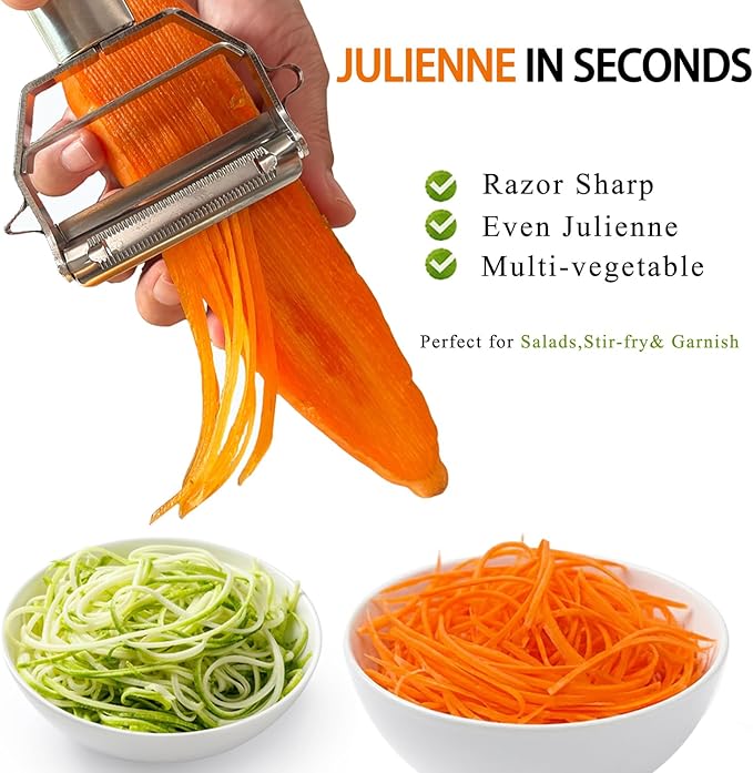 Sunkuka Potato Apple Vegetable Peeler Julienne Peeler for Kitchen - 3 in 1 Y Peeler for Fruit Veggie Carrot Cucumber Zucchini, Sharp Stainless Steel Peeler with Cleaning Brush