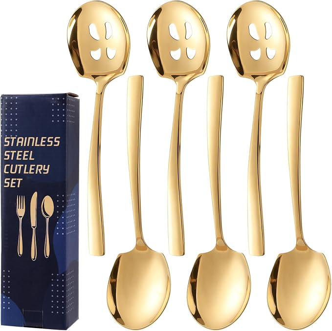 6 Pcs Serving Spoons Set, 9.2 Inch Gold Slotted Spoons | Long Handle,Dishwasher Safe Stainless Steel Metal Spoons Buffet Banquet Large Utensils Cutlery Set for Parties and Kitchen