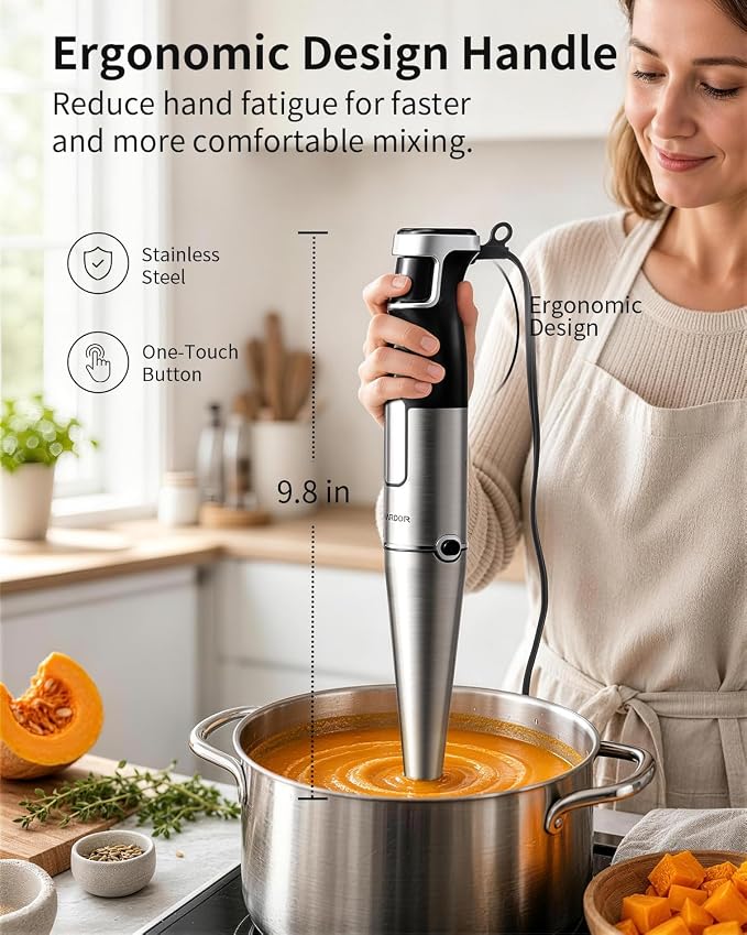 SHARDOR Immersion Blender Handheld, 1100W Hand Blender with Variable Speed, 5-in-1 Stick Blender Stainless Steel Shaft with Chopper, Whisk, Frother & Beaker for Soup, Sauces, Smoothies, Baby Food