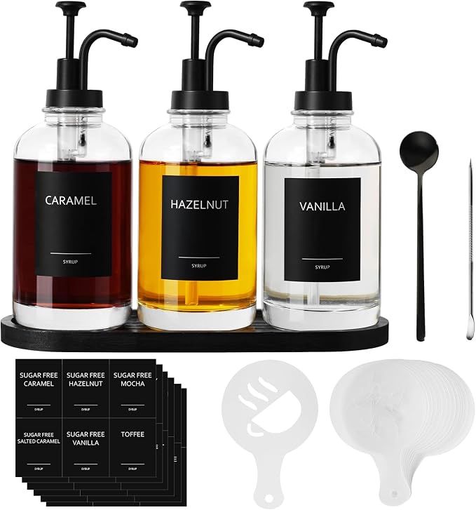 Syrup Dispenser for Coffee Bar, Glass Syrup Dispenser with Pump, 16.9 fl oz Honey Bottles, Labels, Spoons, Coffee Art Pen, 3 Pack