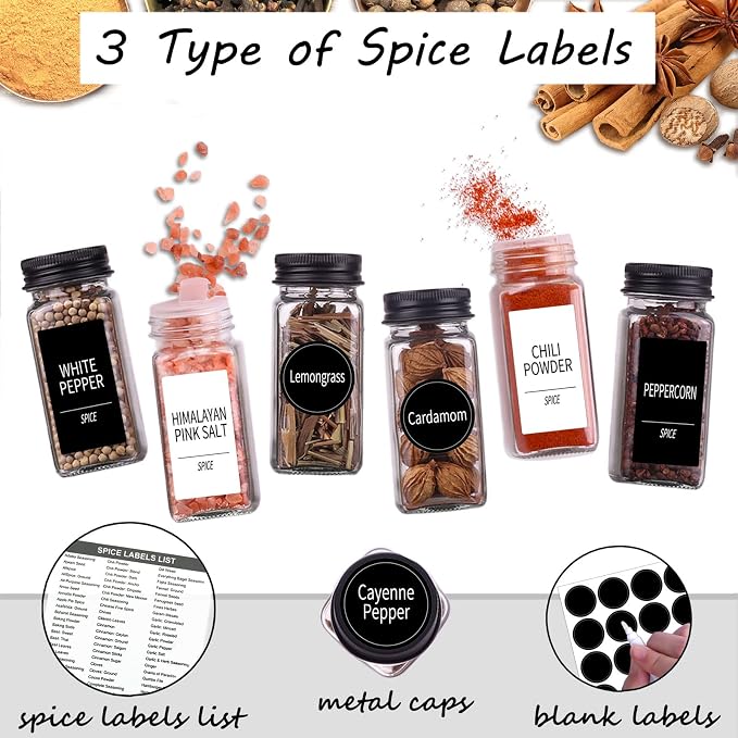 Churboro 66 Pack Glass Spice Jars with Labels, 4oz Spice Containers | Square Spice Bottles with Black Caps, Shaker Lids, 547 Labels, Funnel & Chalk Pen. Keep Seasoning Jars Neat and Organized