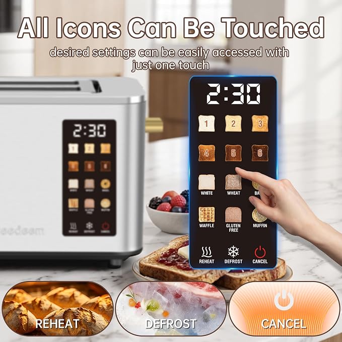 SEEDEEM 2 Slice Toaster with Full Touch Screen, Stainless Steel, 6 Bread Types & 6 Shade Settings, Countdown Display, Removable Crumb Tray, 900W, Silver