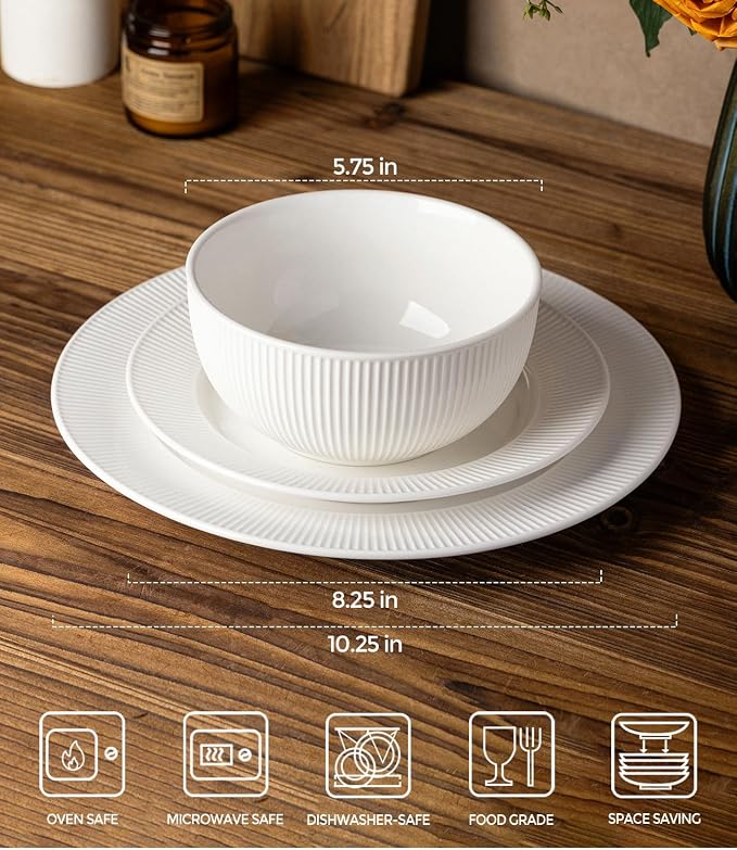 Ceramic Dinnerware Set for 4, 12-Piece Plates and Bowls Set | Lightweight Porcelain Dish Set, Scratch Resistant, Oven & Microwave & Dishwasher Safe, Bright White