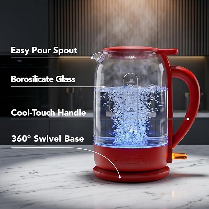 OVENTE 1.5L Glass Electric Kettle Water Boiler, Red KG516R | 1500W Fast Boiling, Easy Fill Lid, Stainless Steel Filter, LED Indicator, Auto Shut-Off, Boil-Dry Protection, 360° Base