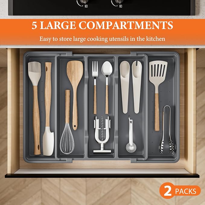 Large Expandable Silverware Drawer Organizer, Utensil Tray | Kitchen Drawer Organizer for Spoons/Forks/Knives, Multipurpose & BPA Free Cutlery Tray(2 Pack, Gray)