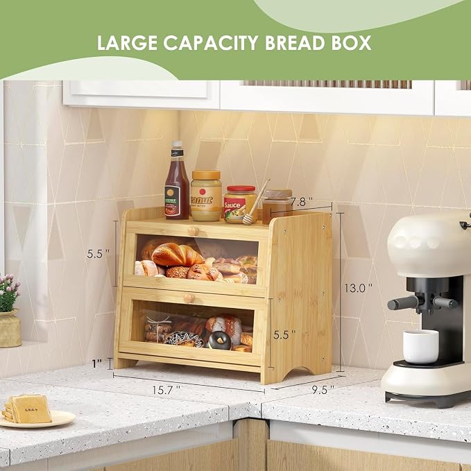 Double Layer Bread Box Container for Kitchen Countertop Homemade Bread | Large Breadbox Storage Wooden Farmhouse Bread Holder (Bamboo, Medim-15.7" L x 9.5" W x 13" H)