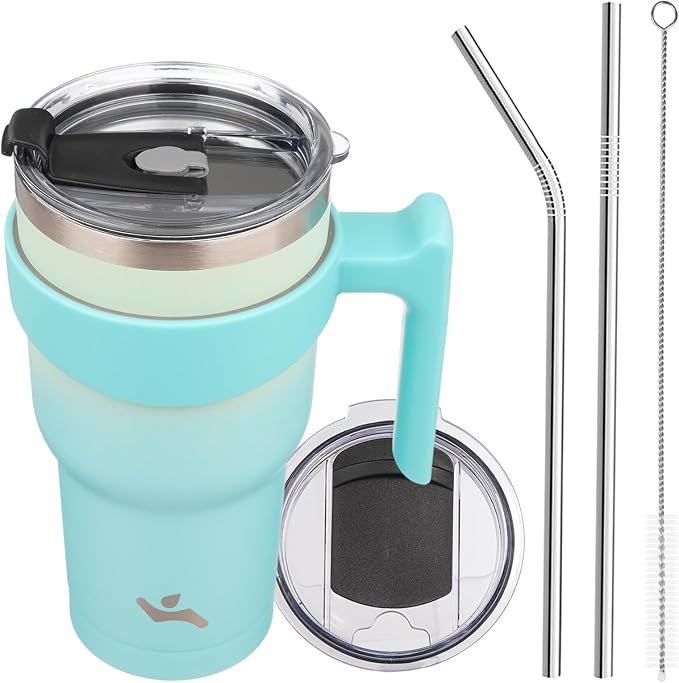 Konokyo 30 oz Tumbler with Handle and Straw, Insulated Travel Mug | Mint; BPA-free, leak-proof tumbler with 2 lids, 2 straws, cup holder fit for coffee, office, travel & daily use