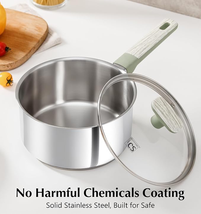 KOCH SYSTEME CS 6 PCS Stainless Steel Sauce Pan Set, 1.5QT & 2QT & 3QT Stainless Steel Pot Set with Lid, Triply Base Sauce Pan Set with Green Bakelite Handle, Induction Compatible Saucepans