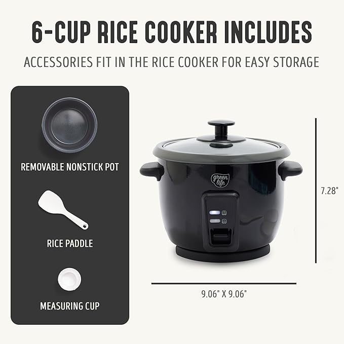 GreenLife Rice Cooker, 3-Cups Uncooked/6-Cups Cooked, Black | PFAS-Free Ceramic Nonstick Removable Pot, One-Switch Design, Grains Multicooker, Keep Warm, Dishwasher Safe Parts, Easy Clean