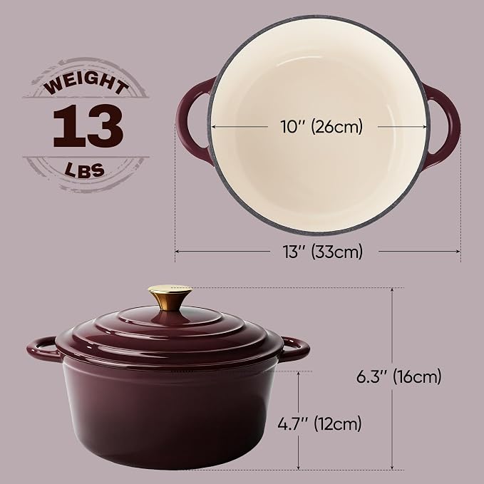 Vintage Style 6 Quart Dutch Oven Pot with Lid, Non Stick Enameled Cast Iron Dutch Oven for Bread Baking, Heavy-Duty, Oven Safe Ceramic Cookware Up to 500°F for Baking, Braising, Stews, Roasting, Fig