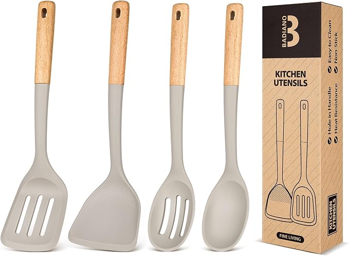 Silicone Cooking Utensils Set, Safe for Nonstick Cookwares, Khaki | Perfectly Angled for Frying, Mixing,Serving,Draining,Turning and Stirring, BPA-Free Matte Silicone, Wood Handles,4 Pack