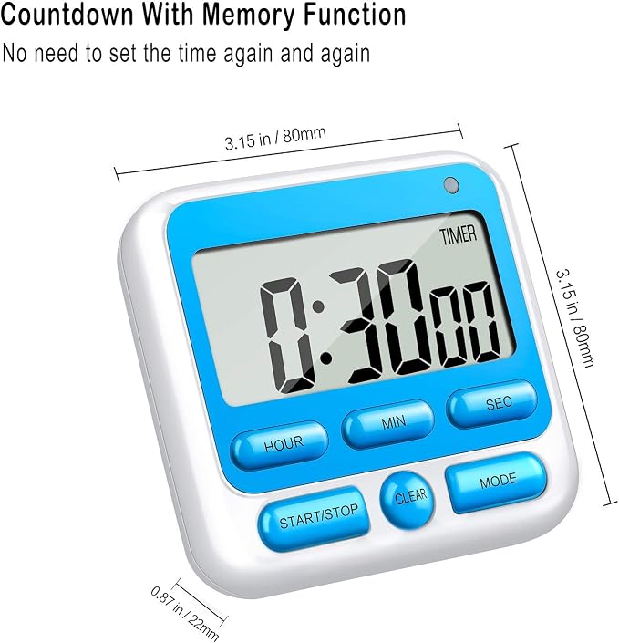 4-in-1 Digital Timer with Count Up/Down, Clock & Alarm, Ring & Silent Modes | Large 2.8-Inch easy-read LCD, On/Off switch, 24-Hour count up/down, Fast-forward function, Magnetic back, stand, hanging hole