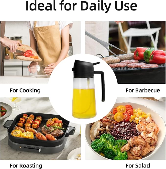 Aovdy 16oz/470ml Glass Olive Oil Sprayer for Cooking - 2 in 1 Olive Oil Dispenser Bottle Spray and Pour for Kitchen Gadgets Cooking Air Fryer Salad BBQ (Black)